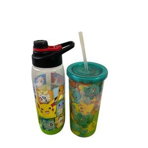 2 Pokemon water bottles cup straw lot Bonus pez